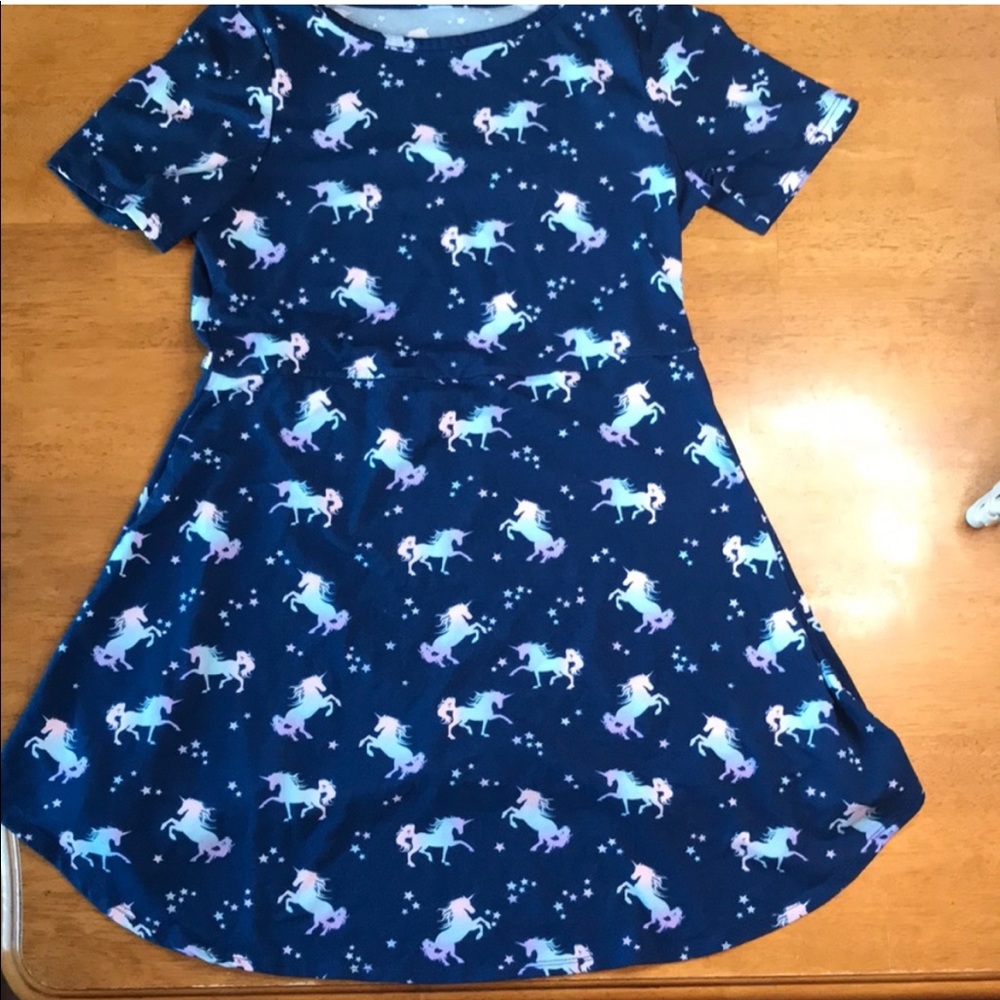 Unicorn Print Dress Girls Large 10/12 Squeeze Brand Navy with Multicolor